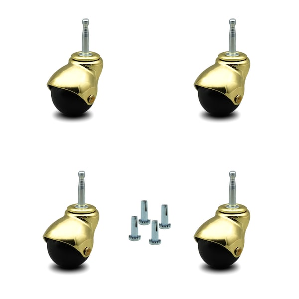 2 Inch Bright Brass Hooded Grip Neck Ball Casters, 4PK